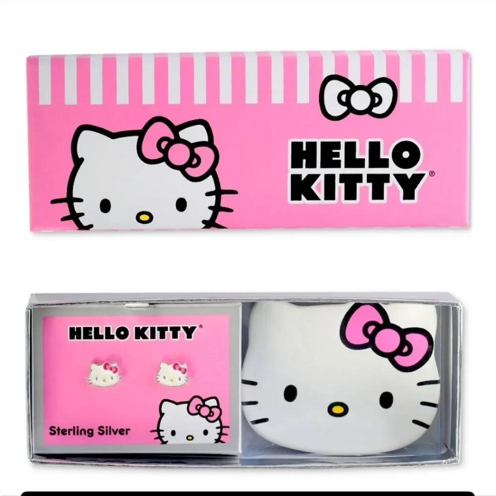 Hello Kitty Sterling Silver Enamel Stud Logo Earrings & Ceramic Plate‎